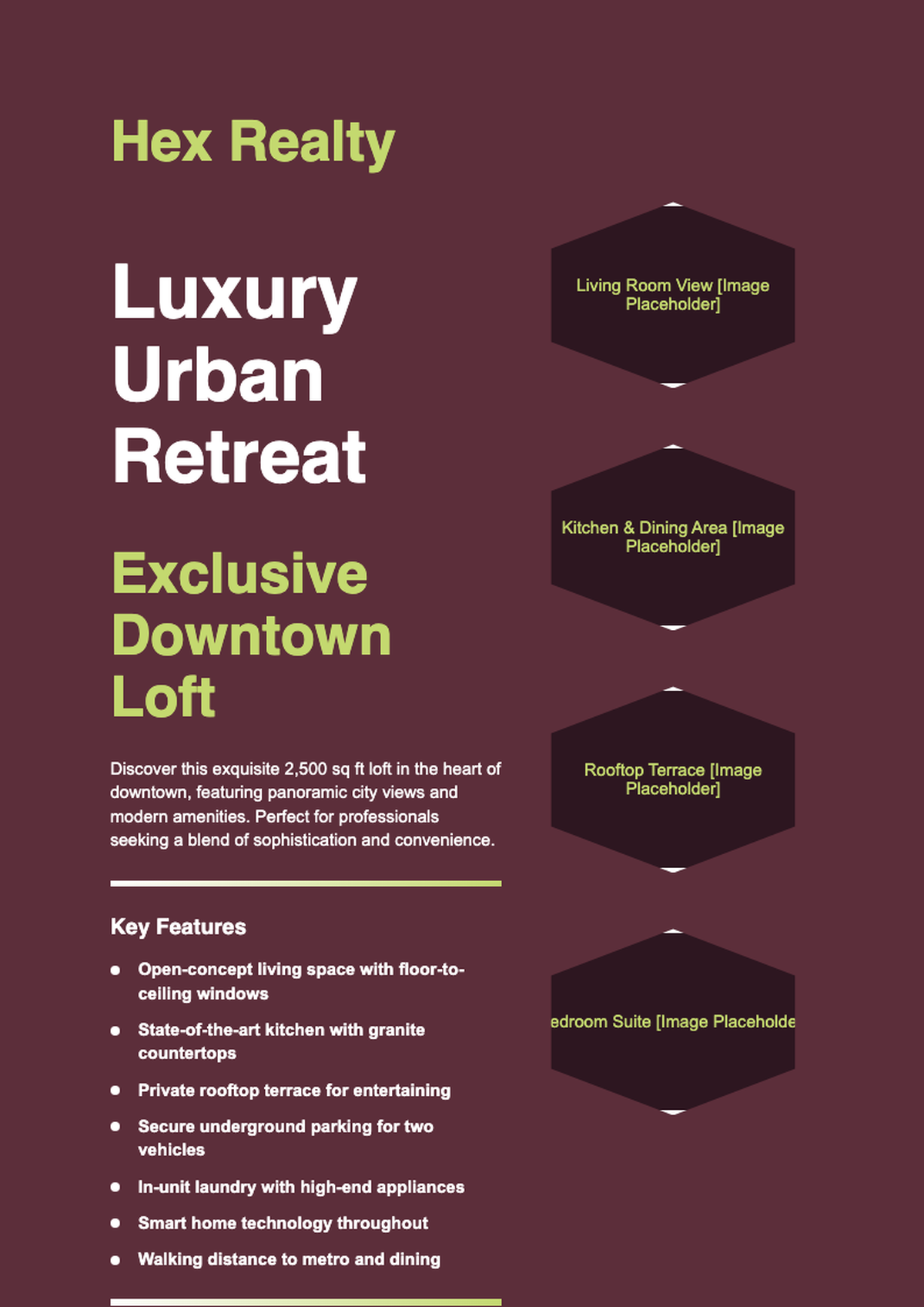 Real estate house for sale flyer with hexagonal photo layout and maroon green design_variant_2